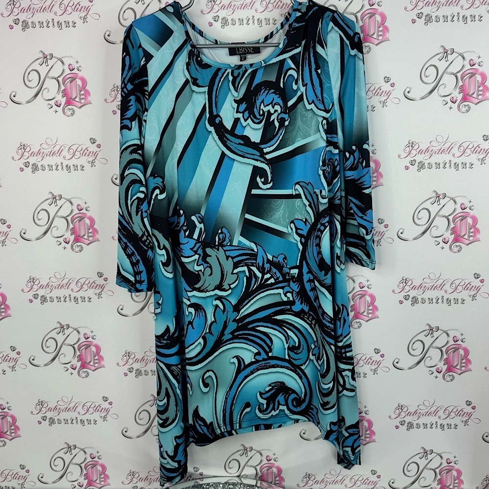 Lbisse top asymmetrical hem swirl baroque pattern Blue and Black Women's Tunic